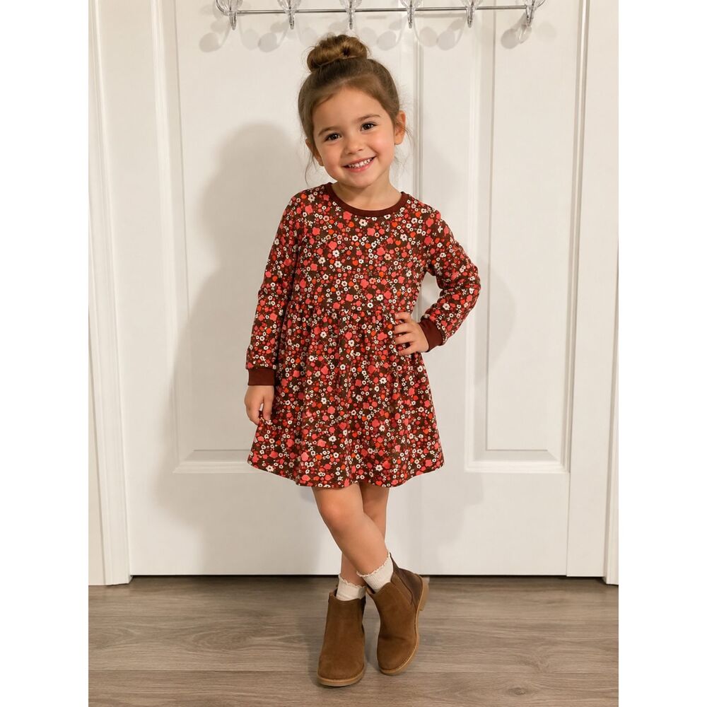 NWT Okie Dokie Girls 6X Floral Long Sleeve Dress Brown Rust Cotton Blend